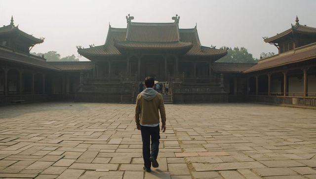 Traveler walking toward historic asian temple main hall in misty stone courtyard