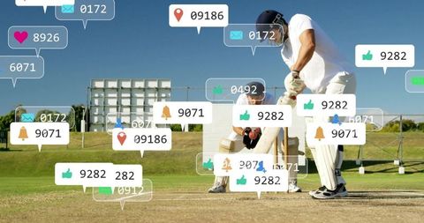 Cricketer Battling on Field with Social Media Interaction Icons