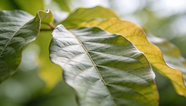Glossy leaf macro showing detailed venation and texture in lush green foliage