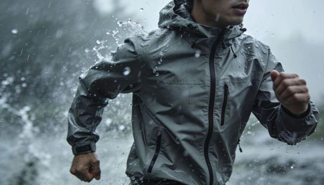 Asian male runner sprinting through mountain stream wearing waterproof jacket in rain