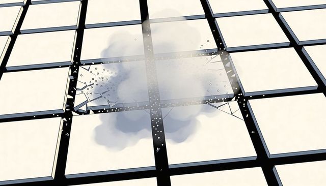 Modular tile grid shattering with dust and glass shards, fracture impact concept