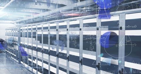 Data Center with Digital Overlay of Equations Symbolizing Technology and Cloud Computing