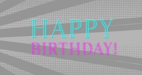 Neon happy birthday text on grey patterned background