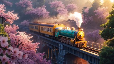 Steam anime train on gorge bridge amid cherry blossoms at sunrise