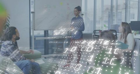 Woman presenting whiteboard to team in modern office with digital binary data overlay