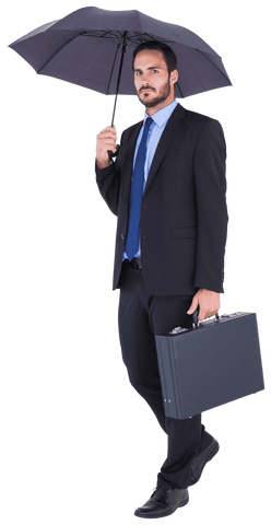 Transparent businessman holding umbrella and briefcase in suit