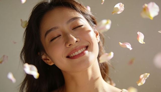 Smiling woman basking in warm light with falling petals, serene closeup portrait, soft glow