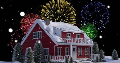 Festive Winter Night with Fireworks Over Snow-Covered House
