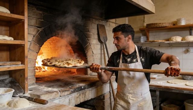 Artisanal baker removing blistered pita from brick wood-fired oven, pulling peel, rustic baking
