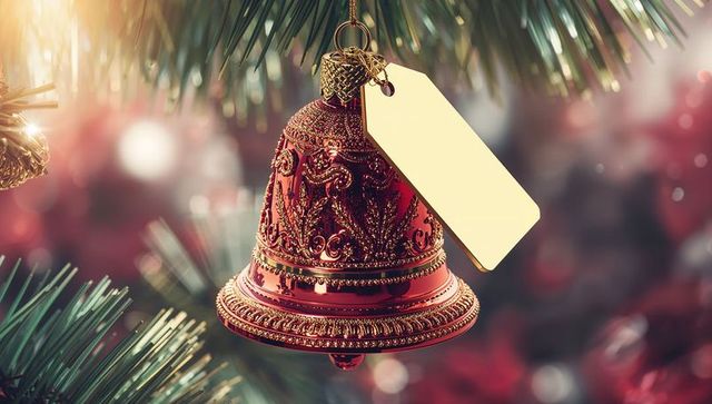 Elegant red bell ornament with blank tag hanging on pine branch