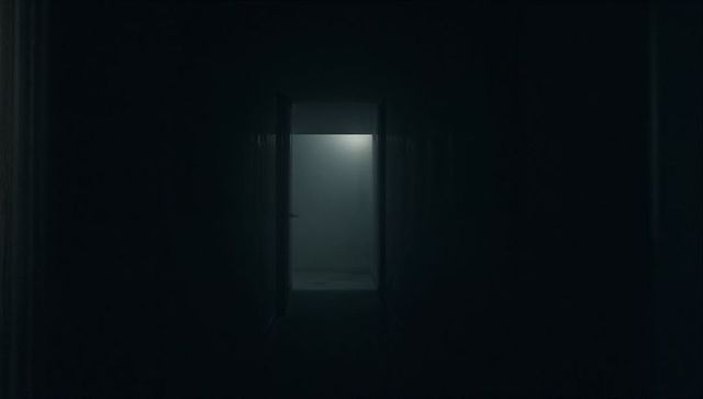 Pale Blue Light Pouring Through Open Doorway Into Dark Foggy Corridor Cinematic Threshold