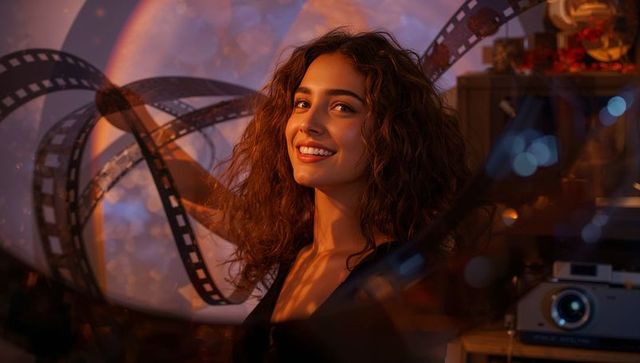 Creative film editor sorting celluloid strips in nostalgic cinematic space