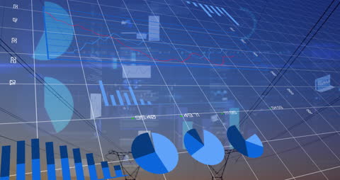 Animated Financial Graphs Overlapping Electricity Poles at Dusk