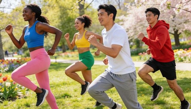 Group performing high-knee workout in spring park wearing colorful activewear