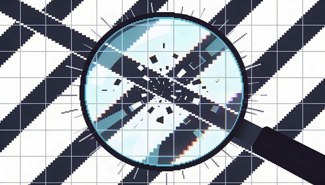 Magnifier Revealing Pixel Grid with Diagonal Glitch, Lens Distortion and Shattered Tiles