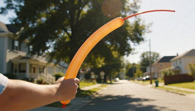 Holding long orange balloon on sunlit tree-lined suburban street