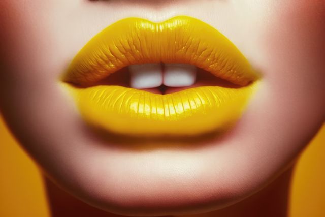 This visually striking image features a close-up of brightly painted lips on a young woman, highlighting the rich, glossy yellow color of the lipstick. It is ideal for use in beauty and fashion advertising, makeup tutorials, editorial content, cosmetics presentations, and product packaging designs. It captures attention and conveys a sense of boldness and creativity.