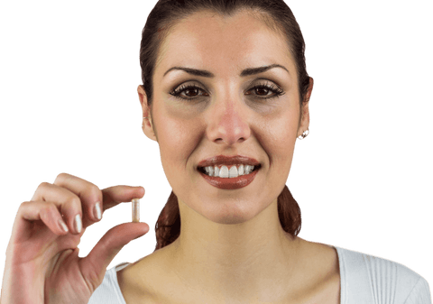 smiling woman holding transparent pill capsule on white background - Download Free Stock Videos Pikwizard.com