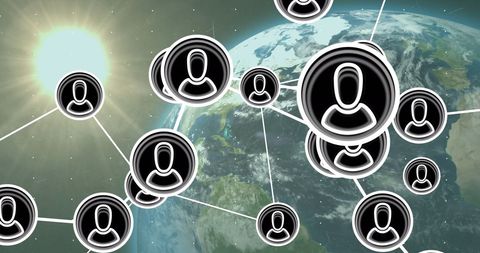 Global networking connections with media and technological icons