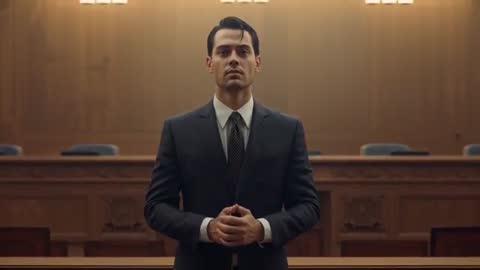 Confident Attorney Standing in Courtroom Preparing to Address Bench and Deliver Opening Statement
