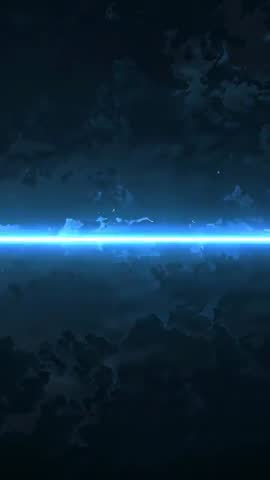 Vertical sci-fi beam pulsing across cosmic horizon with drifting particles and rising shards