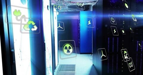 Futuristic data center aisle with renewable energy symbols