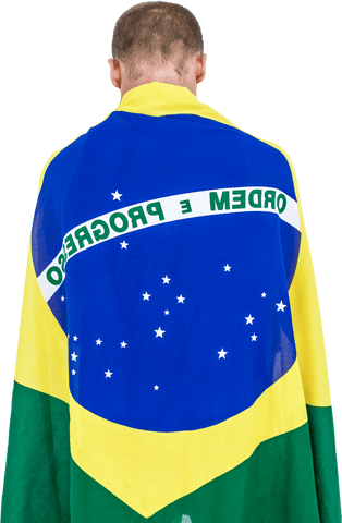 Athlete wrapped in transparent brazilian flag from behind