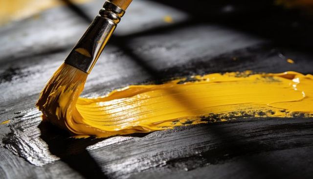 Brushing thick yellow paint across dark textured panel closeup macro