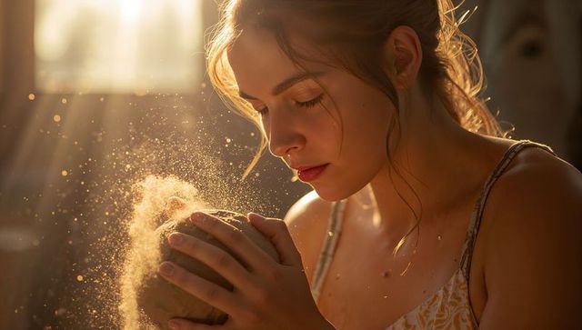 Young artist molding clay ball in golden backlight, warm intimate ceramic studio portrait