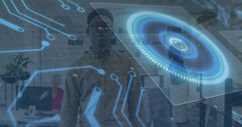 Business professional presenting holographic hud interface in modern office for teamwork