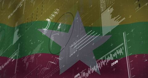 Digital Myanmar Flag with Financial Data Animation Overlay
