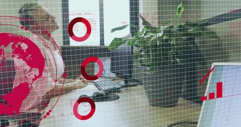 Businesswoman stretching at desk with digital overlay elements