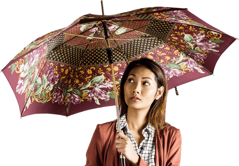 businesswoman with elegant floral-patterned umbrella. ideal for illustrating fashion in professional settings, advertising creative rain gear, or depicting introspective moments in advertising campaigns.