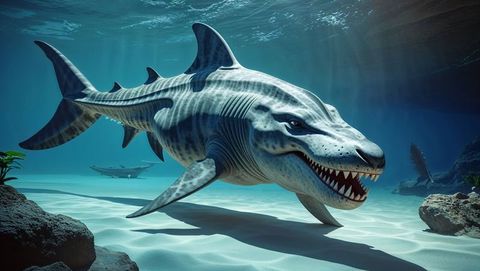 Fierce megalodon shark gliding across serene ocean floor