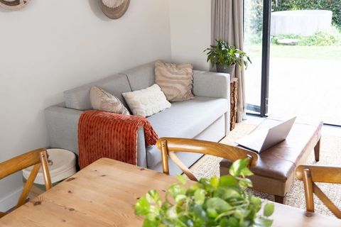 Sunlit contemporary living room with gray two-seater sofa, rust throw and laptop on ottoman