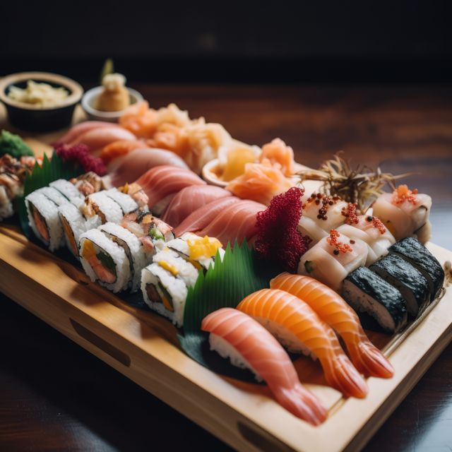 Close up of selection of sushi rolls on wooden tray, created using generative ai technology. Food, sushi and fresh japanese cuisine concept digitally generated image.