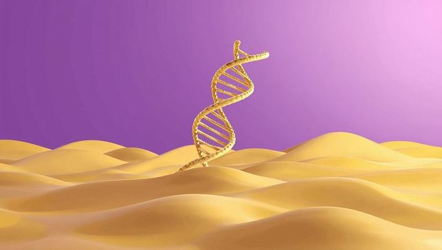 Golden DNA Sculpture in Surreal Landscape with Purple Sky
