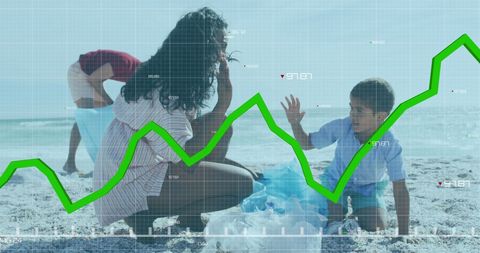 Family cleaning beach with data interface overlay