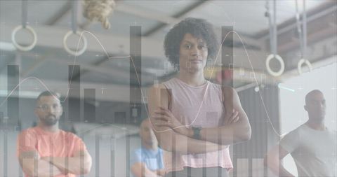 Diverse Fitness Group with Digital Data Overlay in Gym