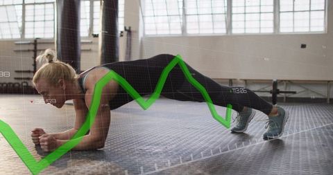 Holding forearm plank woman in gym with green performance graph overlay