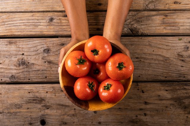 Cropped hands of woman with fresh organic tomatoes in bowl at table, copy space. unaltered, food, healthy eating and organic.