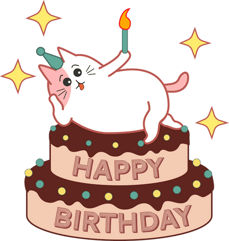 Whimsical Cat Celebrates Birthday with Cake and Candle on Transparent Background