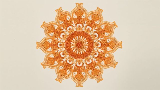 Radiant orange mandala featuring ornate floral petals and concentric symmetry on cream
