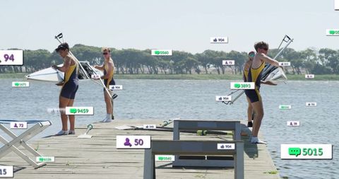 Rowers preparing shells and gearing up by tranquil lake