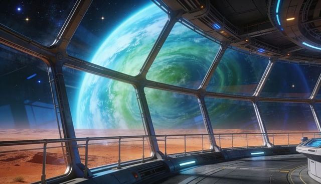 Observing blue-green planet from futuristic orbital station panoramic window with desert horizon