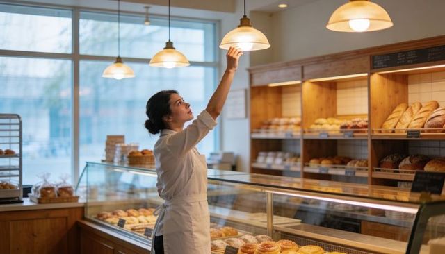 Bakery baker adjusting pendant light over pastry display during morning preparation