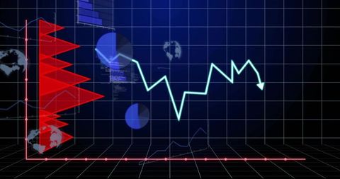 Futuristic 3D Data Dashboard Showing Plunging Cyan Line Chart with Neon Grid and Globes