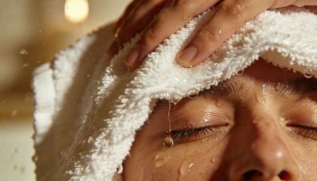 Adult male refreshing face with wet towel closeup showing water droplets and hand