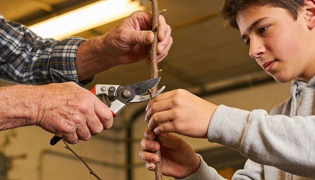 Senior gardener teaching teen pruning techniques with shears in barn workshop