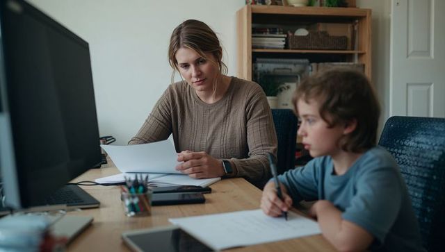 Working parent reviewing papers while child doing homework at shared home desk and monitor